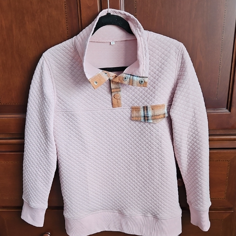 Pink Quilted Pullover with Plaid Accent